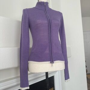 Women's Lavender White Reversible Zip-Front Knit Turtleneck Jacket Sweater